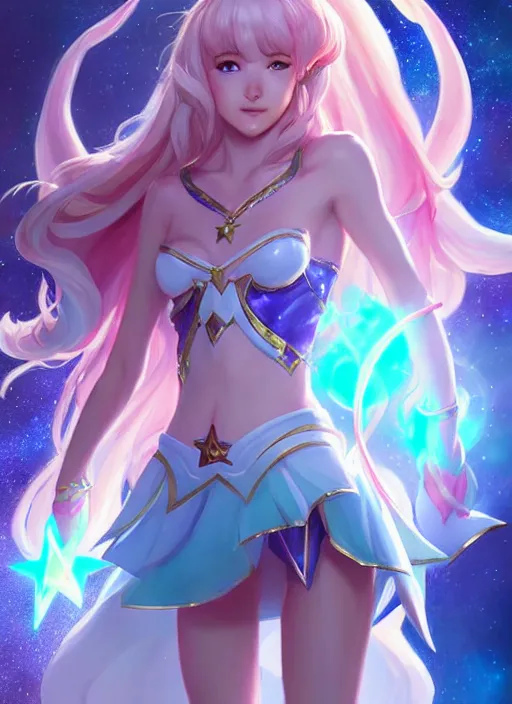 Prompt: full body portrait of a magical star guardian. detailed face, concept art, intricate, highly detailed 8 k, smooth, sharp focus, beautiful and aesthetic shape of face and body, artgerm, artstation, art by zexi guo and nira and junpei suzuki and gharliera and rinotuna