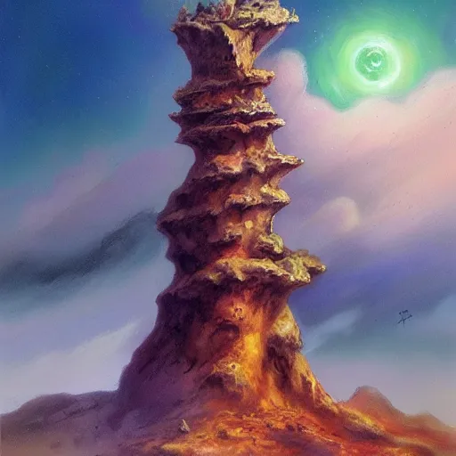 Prompt: an emerald wizard's tower in a barren valley, tempestuous skies, by julie bell