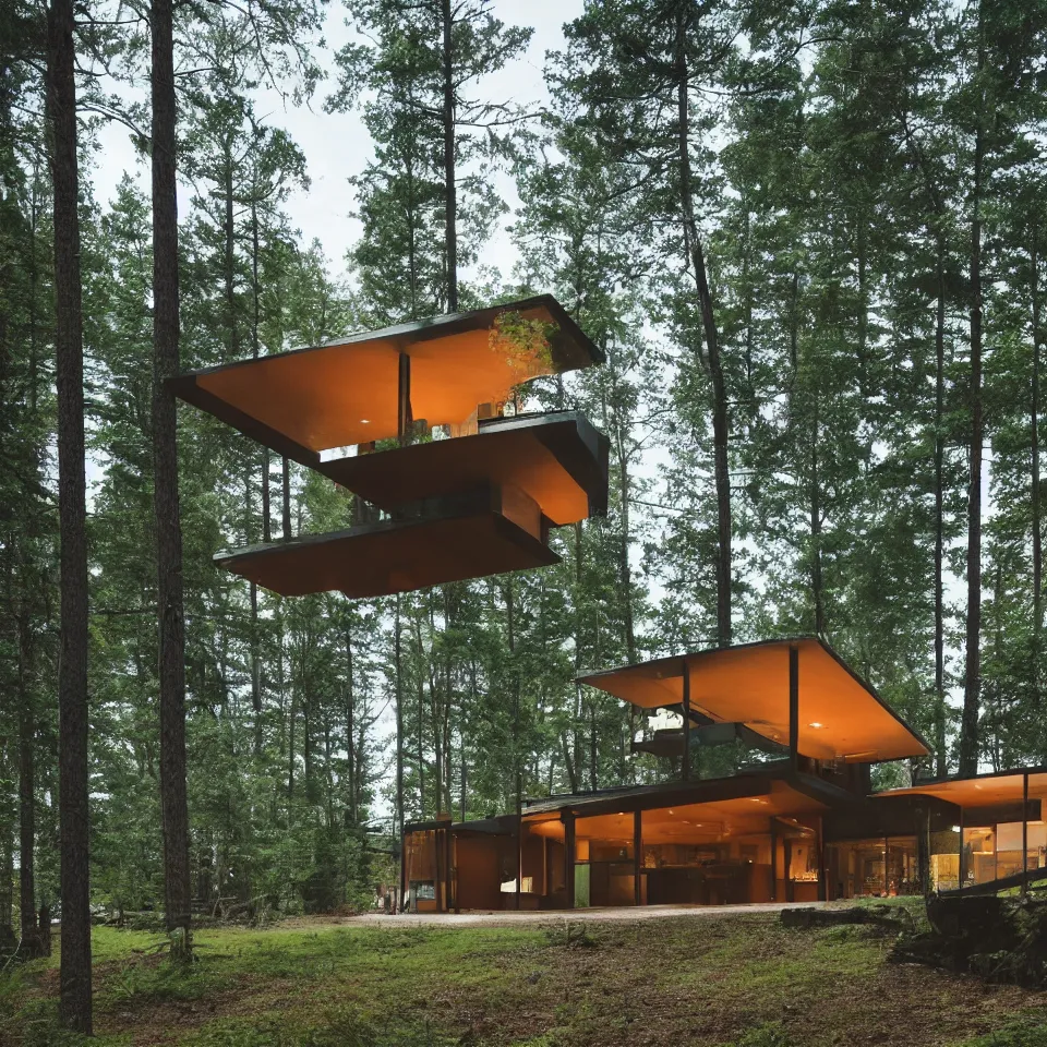 Image similar to architecture ad for a mid-century modern house in the forest, designed by Bjarke Ingels. Film grain, cinematic, colorized, blue hue