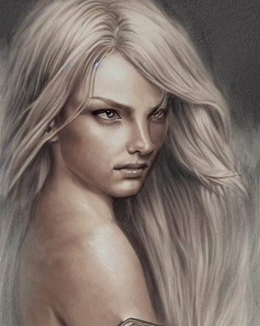 Image similar to tattoo sketch of beautiful greek goddess aphrodite, bow and arrow, beautiful piercing eyes, flowing blonde hair, realistic face, hyper realistic, in the style of greg rutkowski, fantasy, amazing detail, epic, intricate, elegant, smooth, sharp focus