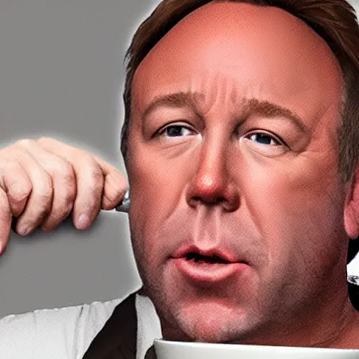 Image similar to alex jones swallowing a coffee mug, photorealistic,