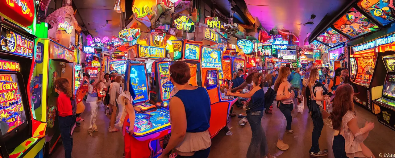 Image similar to A photograph from the 80's of a busy arcade, XF IQ4, 150MP, 50mm, F1.4, ISO 200, 1/160s, natural light