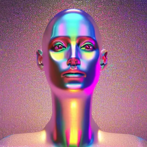 Image similar to 3d render of holographic human robotic head made of glossy iridescent, surrealistic 3d illustration of a human face non-binary, non binary model, 3d model human, cryengine, made of holographic texture, holographic material, holographic rainbow, concept of cyborg and artificial intelligence