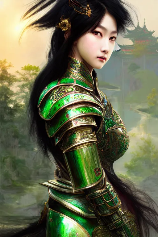 Image similar to portrait black hair young knights of Dynasty Warriors girl, metallic green armor, in ruin fire chinese palace sunrise, ssci-fi and fantasy, intricate and very beautiful and elegant, highly detailed, digital painting, soft light, artstation, concept art, smooth and sharp focus, illustration, art by tian zi and WLOP and alphonse mucha