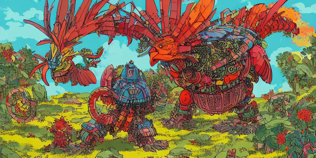 Prompt: colorful illustration of a fully armoured mechanical fighting rooster kaiju in a farm, by hiroaki ando, hajime katoki, shuhei morita, katsuhiro otomo, dieselpunk, howl's moving castle color scheme, detailed