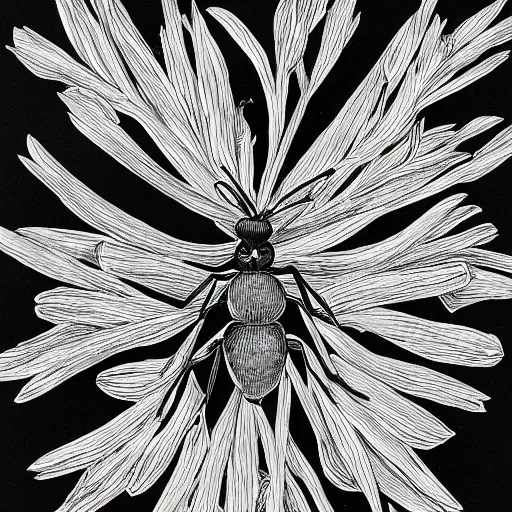 Image similar to ant, black and white, botanical illustration, naturalistic, book illustration, black ink on white paper, bold lines