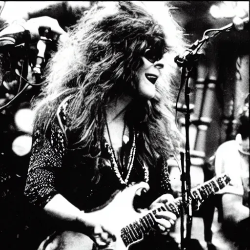 Image similar to Godzilla as Janis Joplin performing on stage at Woodstock, photo