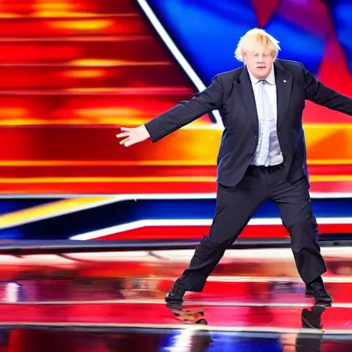Prompt: zoomed out shot of boris johnson dancing terribly on americas got talent, 4 k photograph