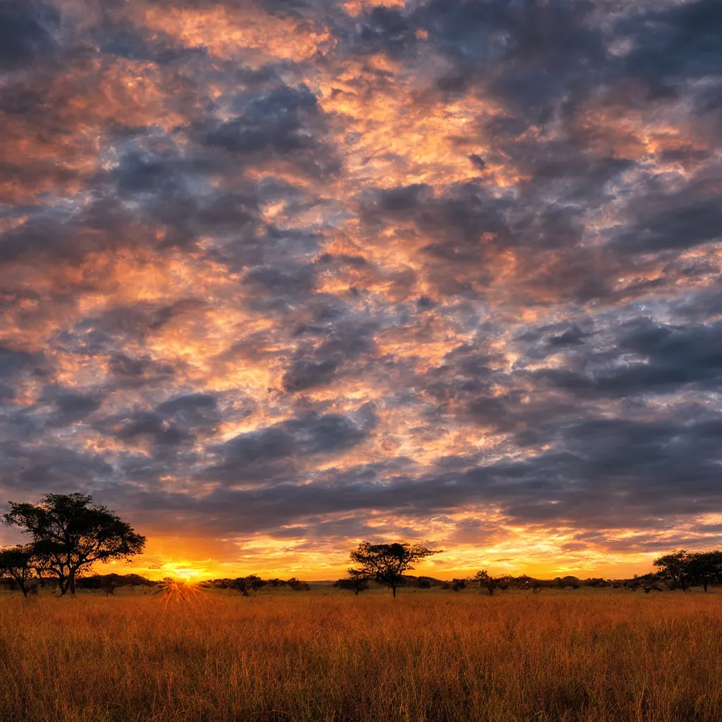 Prompt: a beautiful 4 k photograph of a lush savannah plain at sunset, 4 k resolution, photorealistic, award winning photography, beautiful scenery, stunning scenery, beautiful lighting, landscape, beautiful landscape