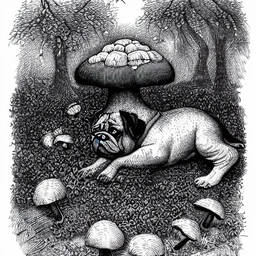 Prompt: adorable pug sleeping under a mushroom grown in a dark forest, detailed stipple illustration, black and white, in the style of gustave dore dante's inferno