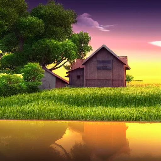 Image similar to a serene landscape with a singular house near a river at sunset, anime style, low saturation, calm, high quality