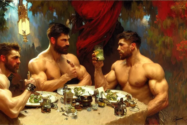 Image similar to 2 muscular attractive men having dinner, painting by gaston bussiere, craig mullins, greg rutkowski, alphonse mucha