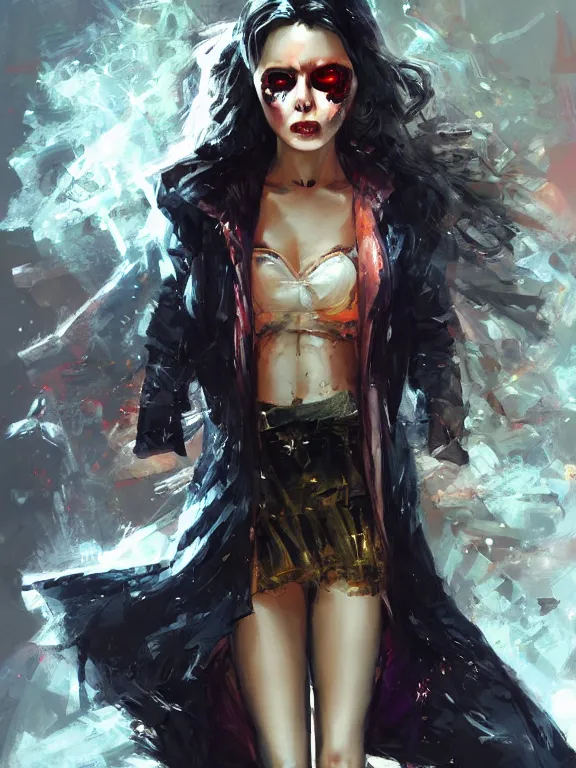 Image similar to digital illustration of a girl with eyes that burn like cigarettes wearing a short skirt and a long jacket with fingernails that shine like justice, dramatic lighting, photorealistic, full body shot, extreme detail, 4 k, colorful, artgerm and craig mullins