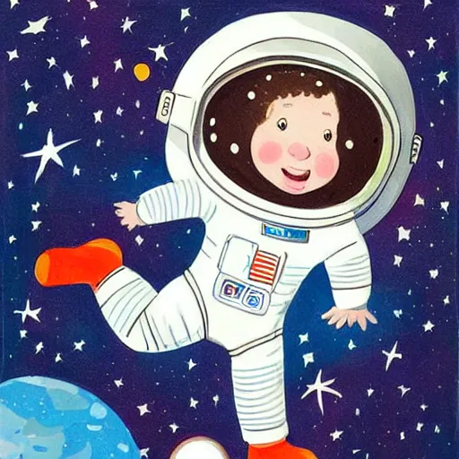 Image similar to a cute little girl with a round cherubic face, blue eyes, and short wavy light brown hair smiles as she floats in space with stars all around her. she is an astronaut, wearing a space suit. beautiful cartoon painting with highly detailed face by quentin blake and greg rutkowski