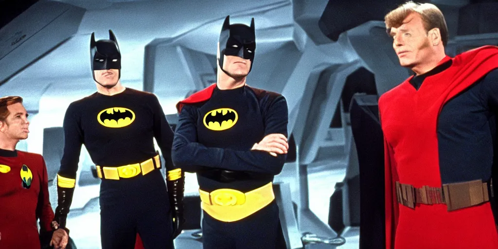 Prompt: Batman, in Starfleet uniform, in the role of Captain Kirk in a scene from Star Trek the original series