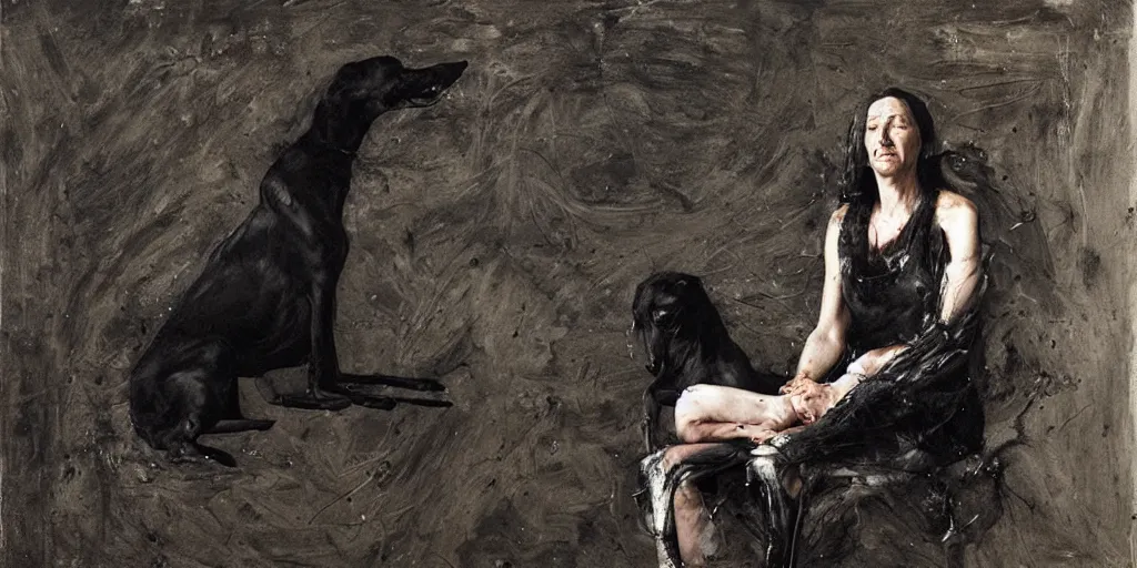 Image similar to a woman sitting with a black greyhound, flowers, dark atmosphere. by nicola samori and jenny saville