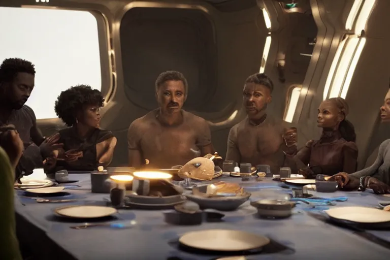 Image similar to movie diverse interracial team of European sci-fi futuristic space explorers talking at the table in a spaceship, beautiful skin, Symmetrical faces. Beautiful lighting by Emmanuel Lubezki