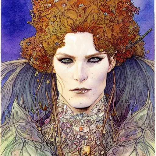 Image similar to a realistic and atmospheric watercolour fantasy character concept art portrait of a freckled incredibly beautiful woman in 8 0 s haute couture fashion clothes as a druidic warrior wizard looking at the camera with an intelligent gaze by rebecca guay, michael kaluta, charles vess and jean moebius giraud