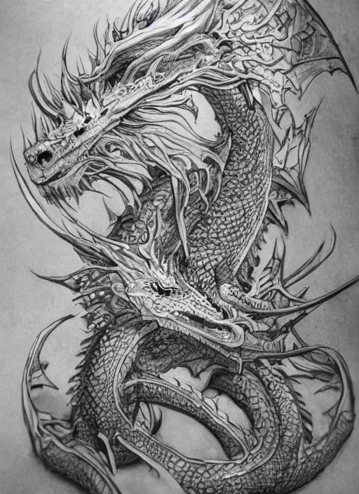 Image similar to highly detailed picture of great dragon, sketch tattoo, edge of the universe, perfectly face, highly detailed, masterpiece, trending on artstation, golden ratio, cinematic romantic magical, perfect intricate highly detailed painting by vonnart, digital art