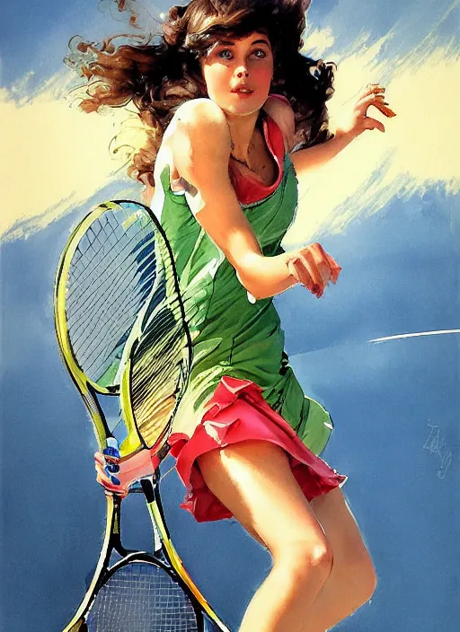 Prompt: a copic maker art nouveau portrait of a russian beautiful girl playing tennis at high speed wearing a futuristic anorak designed by balenciaga by john berkey norman rockwell