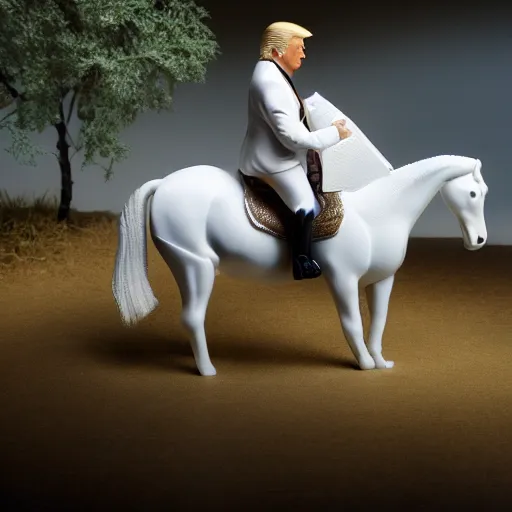 Image similar to Donald Trump riding a white horse, wide lens, diorama, 4k, photorealism