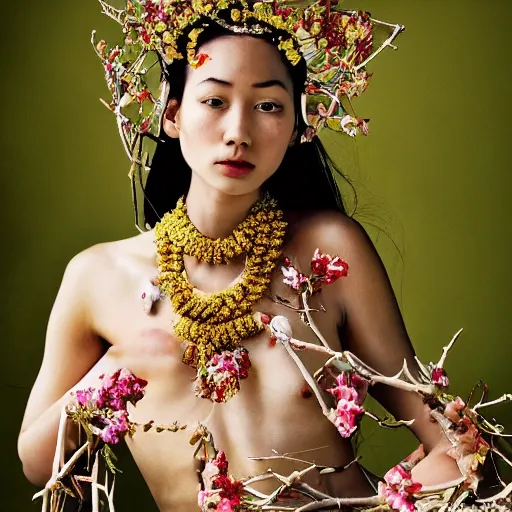 Prompt: photography of the asian queen sitting in the flower thorn, beautiful face, masterpiece costume, jewellery, high quality, elegant, emotionally touching, cool, deep gaze, mystery, tenderness, annie leibowitz style