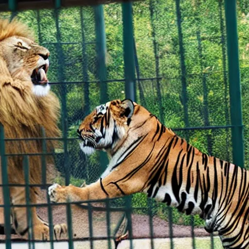 Image similar to lion and a tiger roaring in cage at the zoo