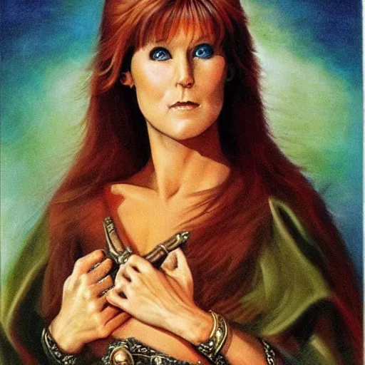 Image similar to marvellous enchanting beautiful anni - frid lyngstad in the style of jeff easley and michelangelo