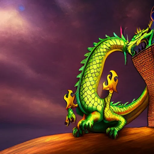 Prompt: dragon, artwork, ciberpunk, tower, clock, night, digital art, realistic, 8 k, hd, disney, ice cream, sad