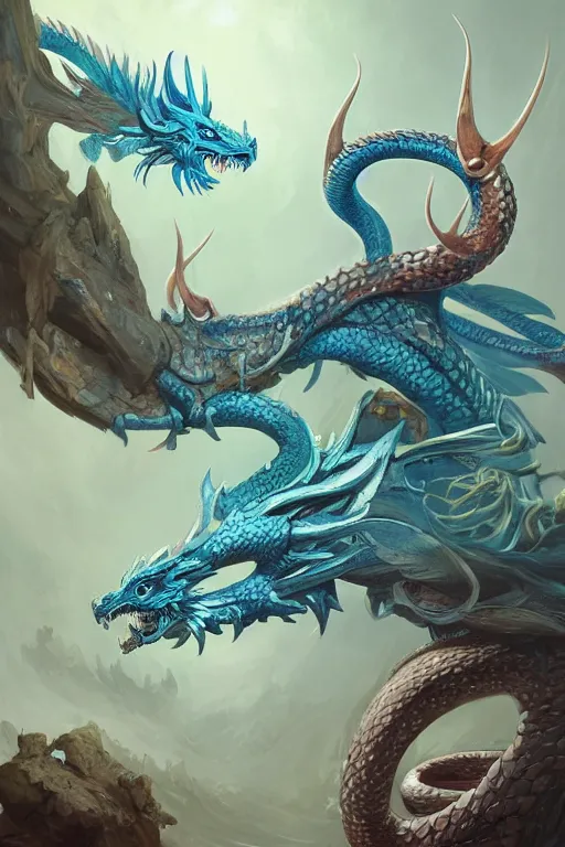 Image similar to cyan the complete dragon has a chinese dragon head, antlers, snake body, and eagle claws. the center of the picture hybrid fantasy, intricate, elegant, highly detailed, digital painting, artstation, concept art, matte, sharp focus, illustration by peter mohrbacher justin gerard zhang yu