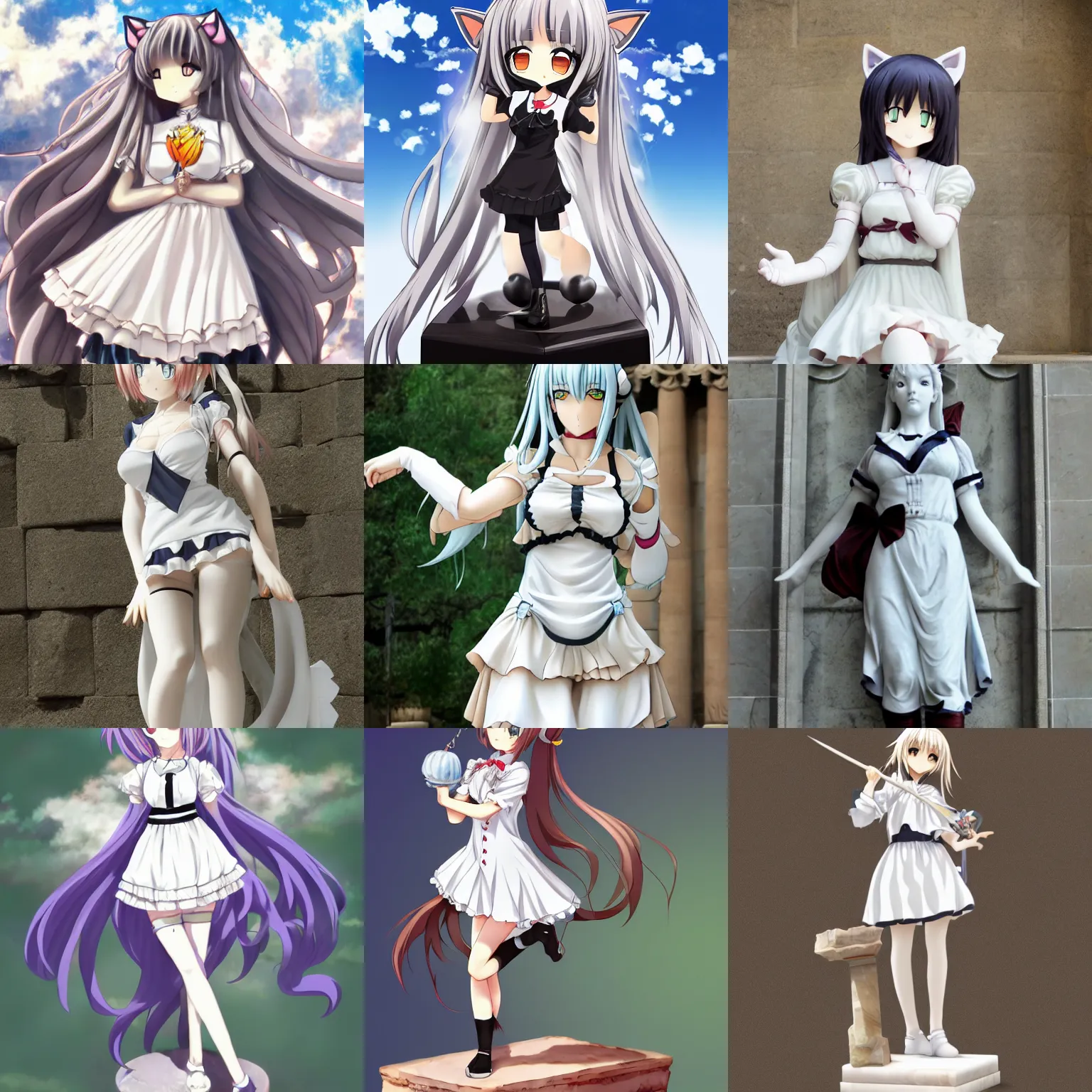 Prompt: anime catgirl wearing a maid outfit, marble statue, ancient history, high quality