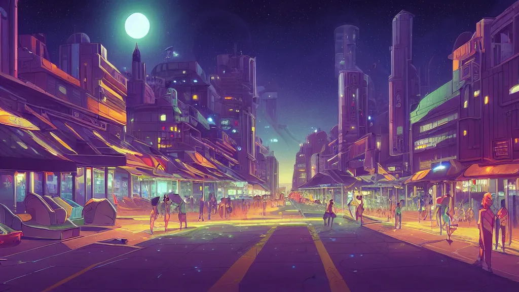 Image similar to the busy city street looking towards the spaceport at night by cyril rolando and naomi okubo and dan mumford