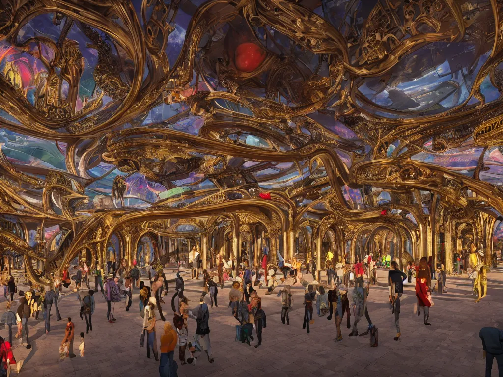 Image similar to interior of a busy elaborate ornate outdoor science museum, cinematic, shadows, 4 k, detailed, by zaha hadid and lisa frank and peter jackson and ridley scott and beeple and greg rutowski