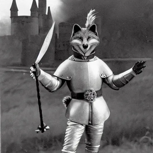 Image similar to anthropomorphic fox!! who is a medieval knight holding a swo - rd towards a s - tormy thundercloud [ 1 9 3 0 s film still ], ( castle in the background )