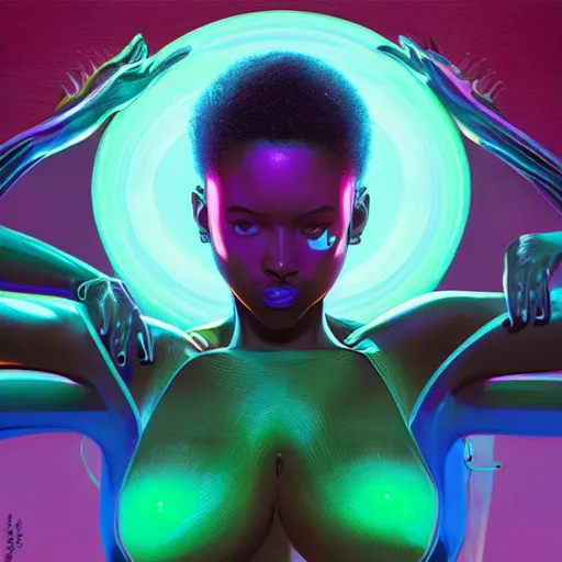 Prompt: voluptuous african neon queen, science fiction, highly detailed, digital painting, beautiful eyes, symmetry, concept art, sharp focus, volumetric lighting, illustration, global illumination, radiant light, synthwave colors, detailed and intricate environment, art by artgerm and greg rutkowski and magali villeneuve and ilya kuvshinov!