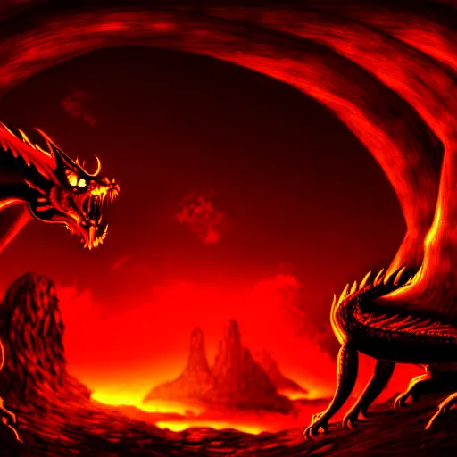 Image similar to zombie medieval dragon in its cave, glowing red eyes, digital art, illustration, 4 k, matte painting