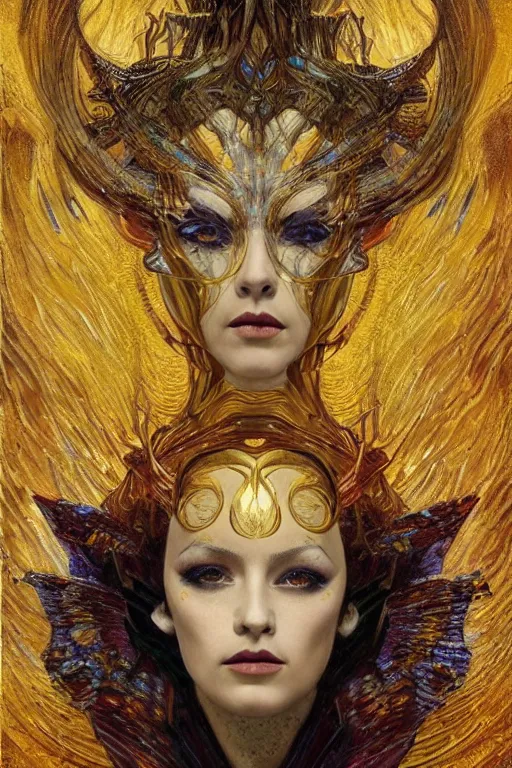 Image similar to Intermittent Chance of Chaos Muse by Karol Bak, Jean Deville, Gustav Klimt, and Vincent Van Gogh, beautiful inspiring portrait, enigma, Loki's Pet Project, destiny, Poe's Angel, fate, Surreality, inspiration, muse, otherworldly, fractal structures, arcane, ornate gilded medieval icon, third eye, spirals