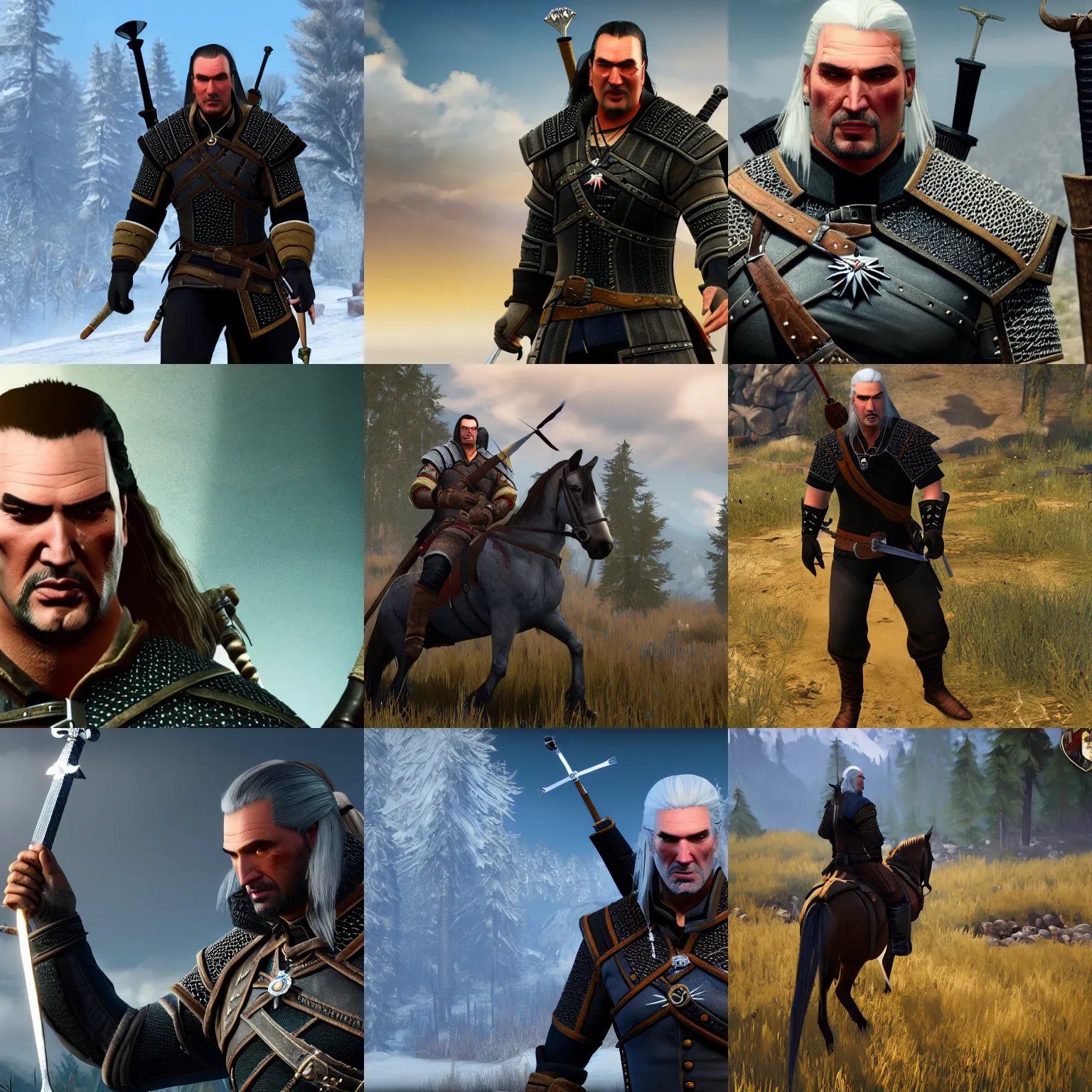 Prompt: in game screenshot of steven seagal as geralt in the witcher 3