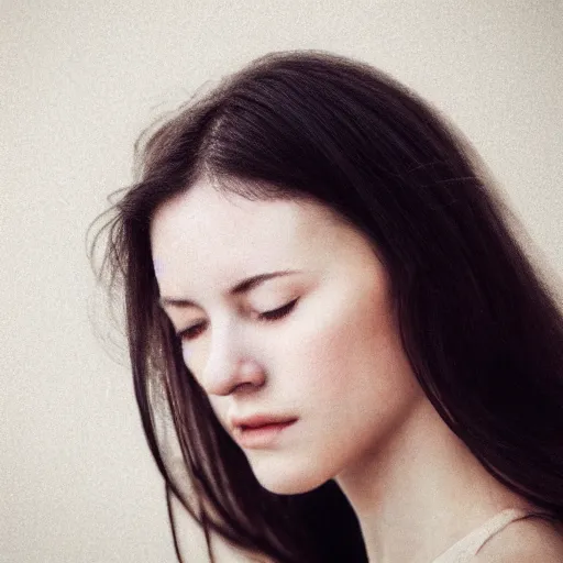 Image similar to photorealistic portrait of a beautiful young woman, very blurry, out of focus, translucent stone white skin, closed eyes, foggy, closeup