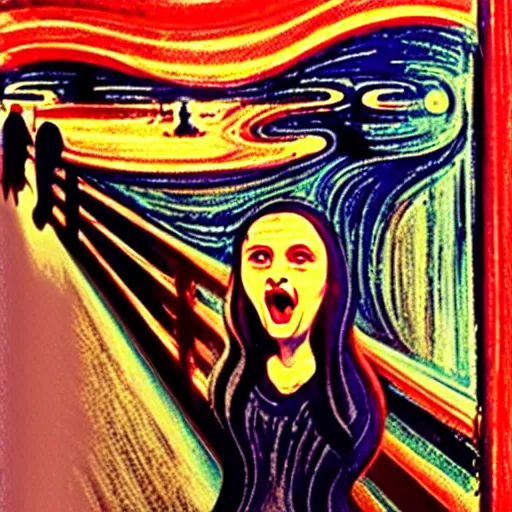 Prompt: the mona lisa screaming with hair on fire by edvard munch
