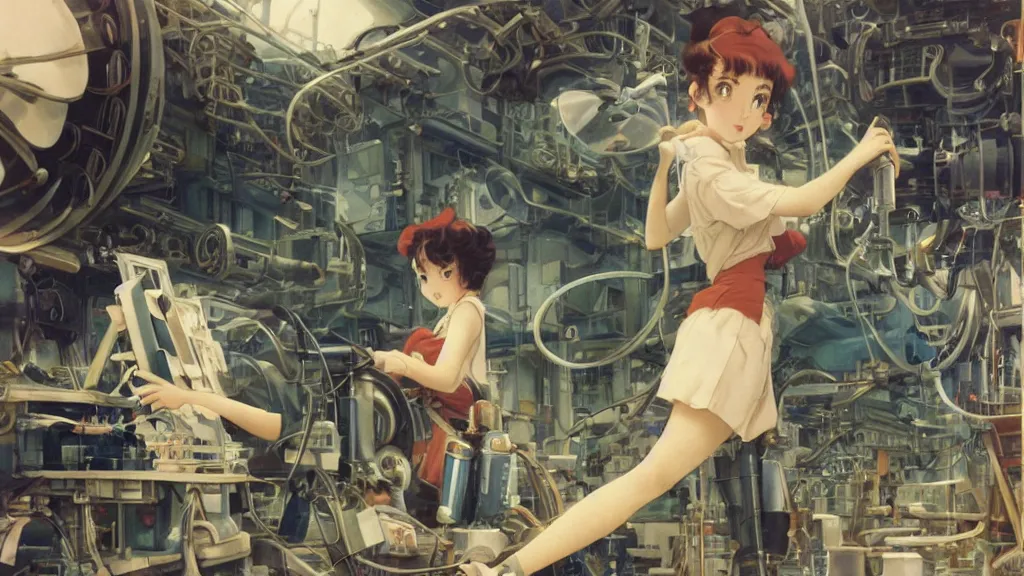 Image similar to a film still of a 1 9 5 0's mechanic anime girl working on a giant computer, finely detailed features, full body mid shot, perfect art, in the science laboratory, trending on pixiv fanbox, painted by gaston bussiere, makoto shinkai, akihiko yoshida, gaston bussiere, craig mullins, studio ghibli