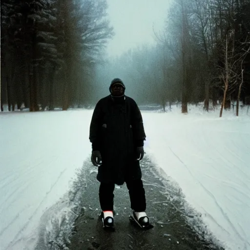 Image similar to photo, old black man wandering in the snow, moncler jacket, ski goggles, wild unkempt hair, mischevious grin, portrait, cold color temperature, snow storm. hazy atmosphere. humidity haze. kodak ektachrome, greenish expired film, award winning, low contrast