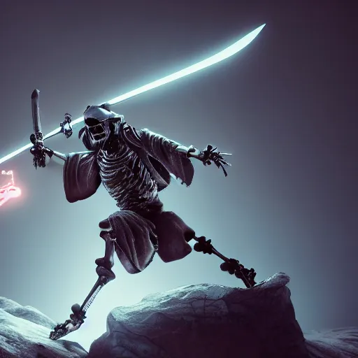 Image similar to a skeleton samurai, standing on the edge of a cliff holding a glowing sword of ice, at midnight, cinematic shot, cinematic lighting, volumetric lighting, 8k, digital art, trending on artstation, vray, ray tracing