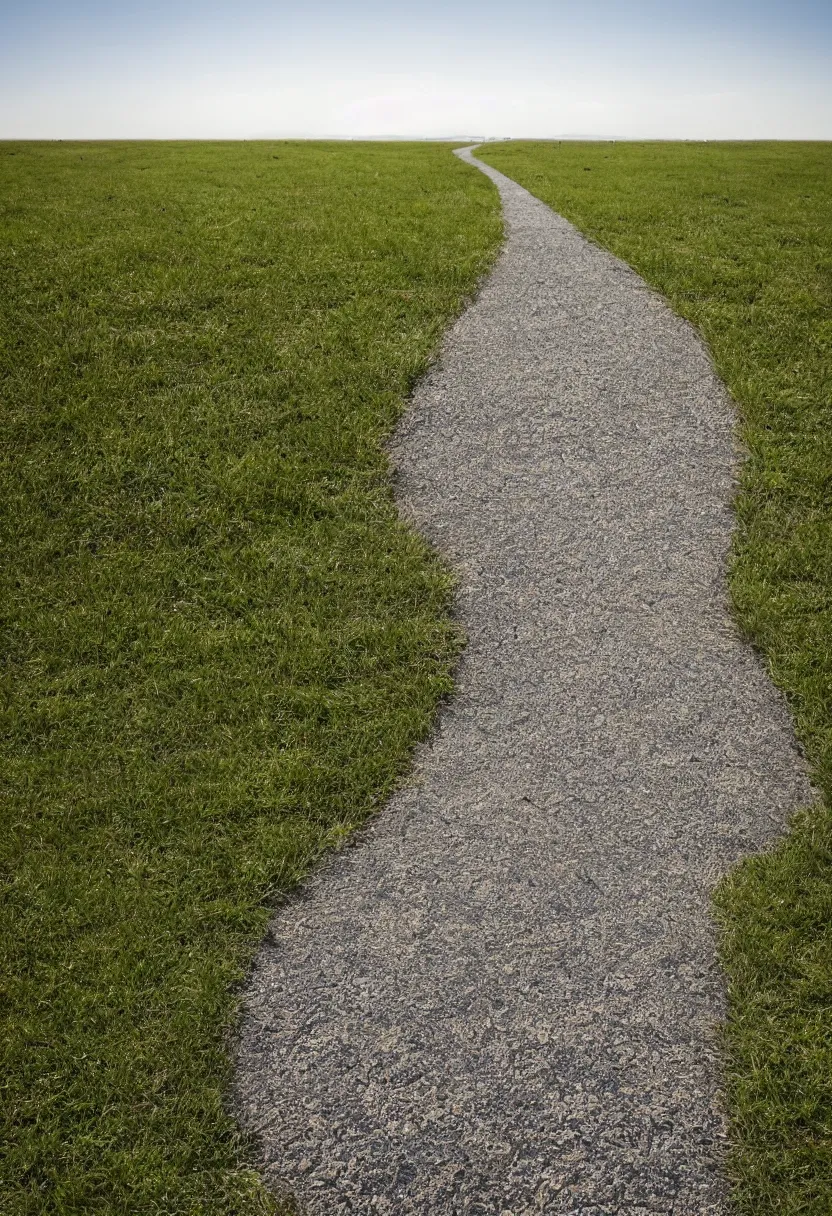 Prompt: a straight concrete path ends in the middle of a grassy plain, cloudless sky