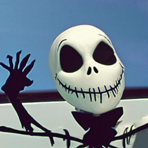 Image similar to Jack Skellington from Tim Burtons Nightmare Before Christmas on the bridge of the USS Enterprise