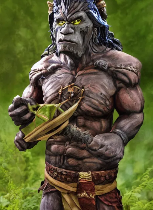 Image similar to Portrait of a Half Orc Druid holding a wooden totem, solid background, Fantasy Art, Dungeons ad Dragons, Frazetta