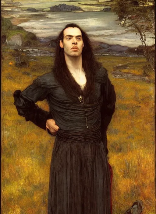 Image similar to a beautiful painting of elrond by John Everett Millais and Dante Gabriel Rossetti and John Collier and john william waterhouse, pre-raphaelite, detailed, trending on artstation, hd, masterpiece