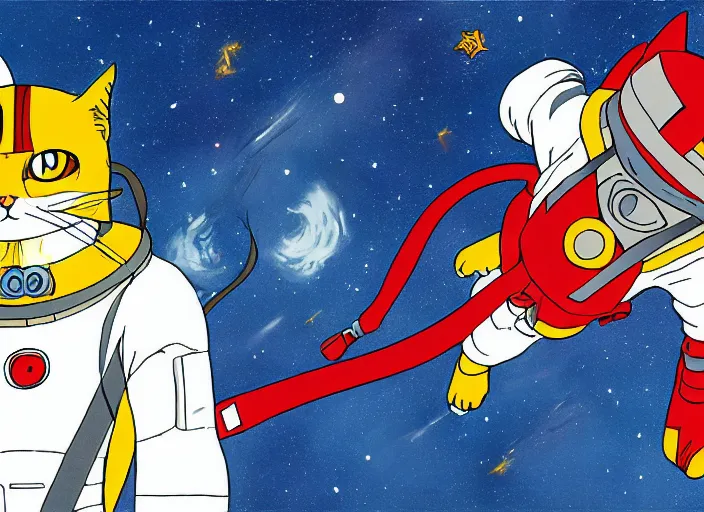 Prompt: illustration of a cat astronaut, stuido ghibli, gurren lagann