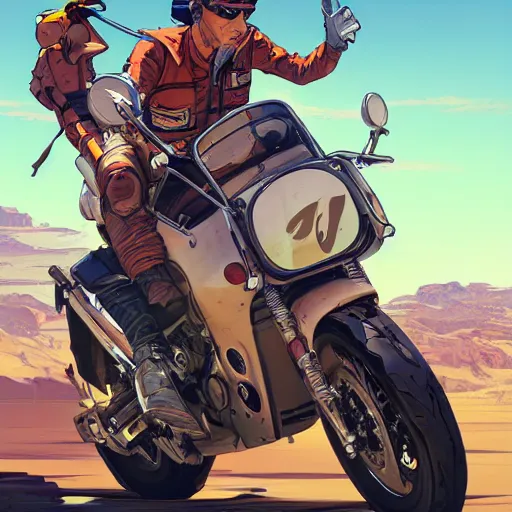 Prompt: motorcycle rally racing in the desert, stylize, art gta 5 cover, official fanart behance hd artstation by jesper ejsing, by rhads, makoto shinkai and lois van baarle, that looks like it is from borderlands and by feng zhu and loish and laurie greasley, victo ngai, andreas rocha, john harris