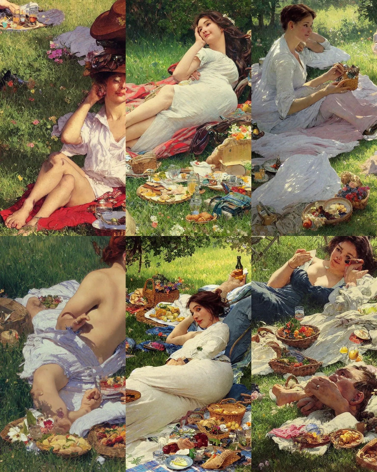 Prompt: close up of a person relaxing at a picnic, photo realistic illustration by greg rutkowski, thomas kindkade, alphonse mucha, loish, norman rockwell.